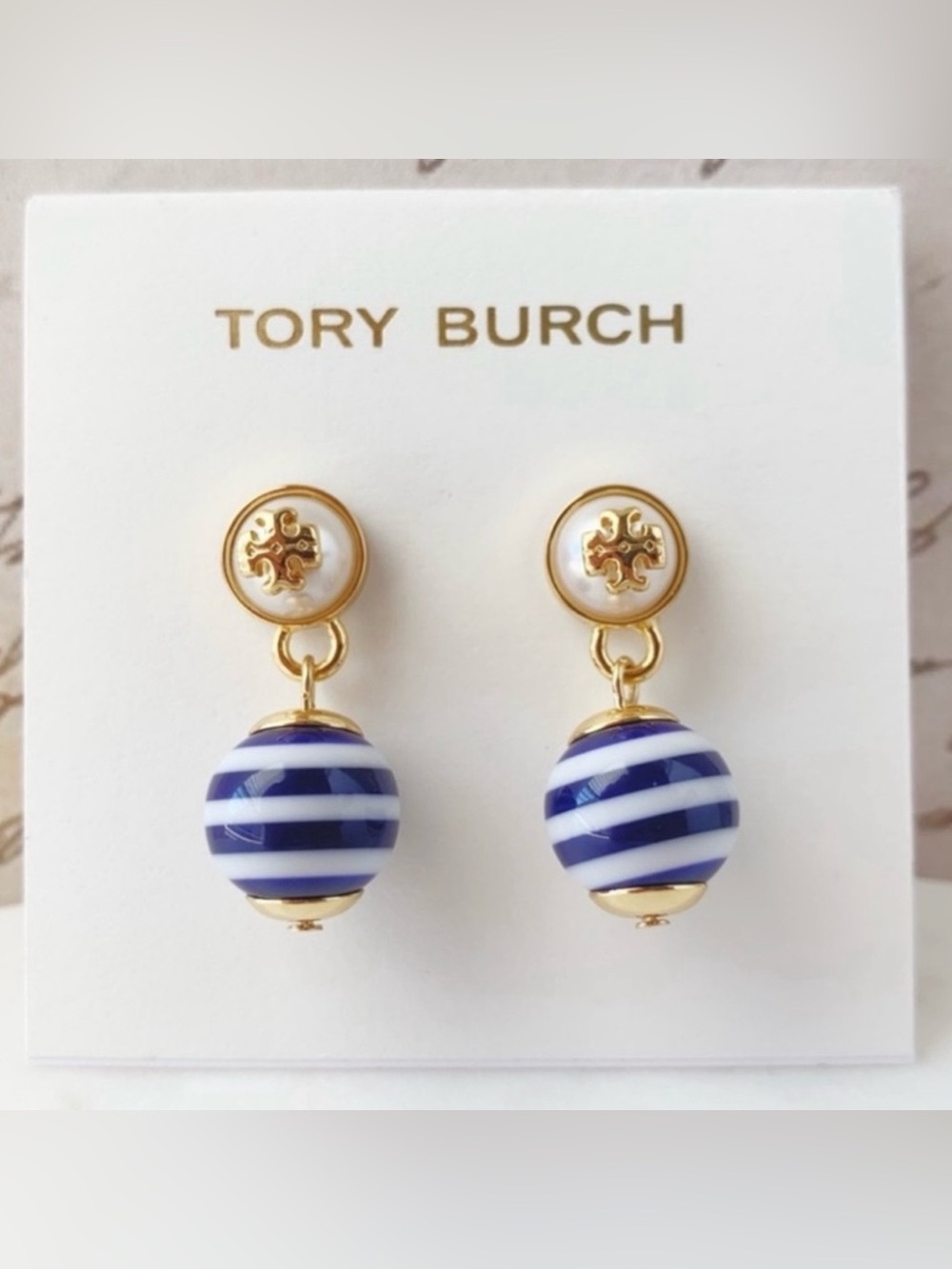 *TORY BURCH*  Gold Logo Navy Striped Ball Drop Earrings NEW